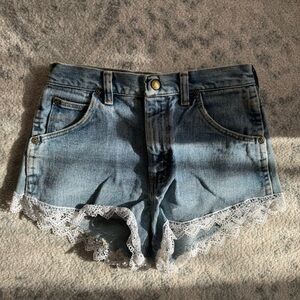 High Waist Denim Shorts with Lace Trim